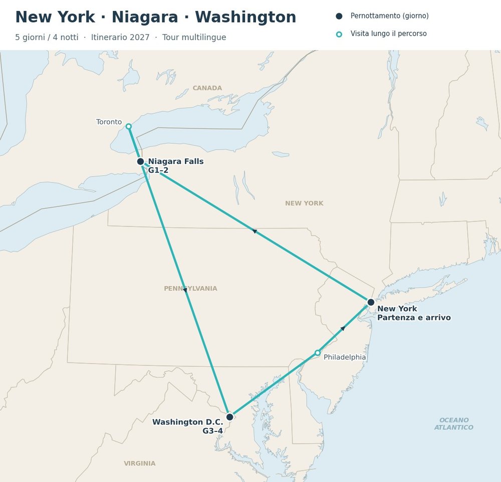 Mappa del tour East Coast Express: New York, Cascate del Niagara, Toronto, Washington D.C., Philadelphia